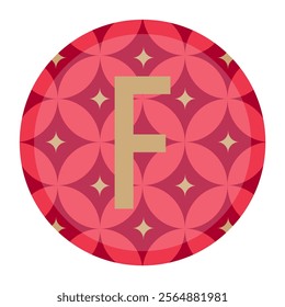 This eye-catching vector showcases a golden letter F centered in a rich red circular background with intricate geometric designs, perfect for logos or stylish graphics.
