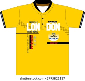 This eye-catching yellow polo T-shirt features a bold streetwear-inspired graphic layout that combines modern typography with Japanese fashion influences. The vibrant yellow base delivers a bright and energetic appearance, while the contrasting black collar, button placket, and sleeve trims add a sleek and contemporary finish. The front design prominently showcases large typography elements, including “LON-DON,” “The Japan Fashion,” and “Authentic Wear,” creating a trendy international fashion theme.
