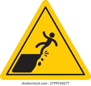 This eye-catching yellow triangular warning sign, framed by a bold black border, prominently displays a black pictogram of a person actively falling from a cliff edge, with small rocks or debris indicating the drop. It is a universally recognized symbol designed to alert individuals to