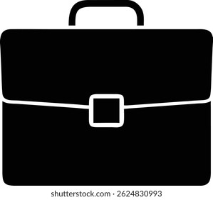 This eye-level shot prominently features a simple, solid black briefcase isolated against a clean background. The bag's handle is visible on top, with a centered square latch.