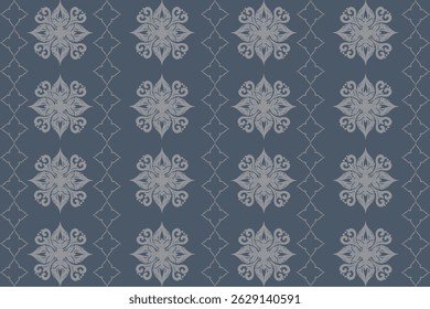 This fabric design displays repeating floral motifs inside diamond shapes, in a green and grey color scheme.