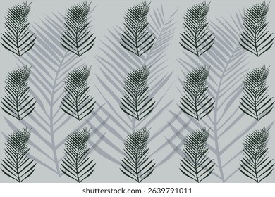 This fabric design features a repeating pattern of black fern leaves with soft gray shadows on light  background, creating a layered, elegant effect