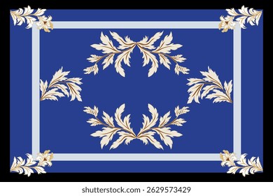 This fabric design shows floral motifs in the center and corners, framed by a leafy border on a blue base.
