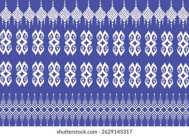 This fabric features bold geometric and tribal-inspired patterns in white on a deep blue background, arranged in horizontal rows.
