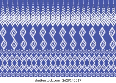 This fabric features bold geometric and tribal-inspired patterns in white on a deep blue background, arranged in horizontal rows.