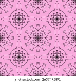 This fabric features a light pink mandala pattern with intricate, repeating floral designs, suitable for decoration or design.
