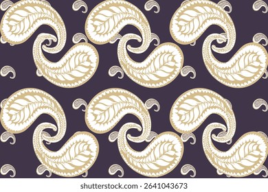 This fabric features a repeating paisley pattern in soft lavender tones on a dark black background, creating a classic and elegant textile design.