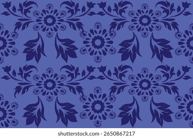 This fabric features a symmetrical floral pattern in deep blue tones on a lighter blue background. This design includes stylized flowers and flowing leaves, creating a bold yet elegant vintage look.