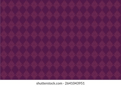 This fabric features a traditional Thai-inspired floral motif in a diamond grid pattern, using rich shades of purple for a refined, elegant look.