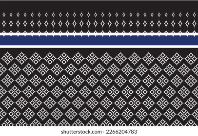 This fabric pattern is about Ethnic and made up of all squares. There are two white lines intersecting between the blue rectangles.