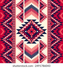 This fabric pattern displays a rich and detailed geometric design with red, navy blue, and white colors. The central diamond motif is surrounded by intricate zigzag 