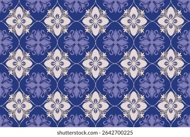 This fabric pattern features alternating floral and leaf motifs arranged in a diamond grid. The design blends ivory and violet elements on a deep blue background, giving a rich and elegant look.