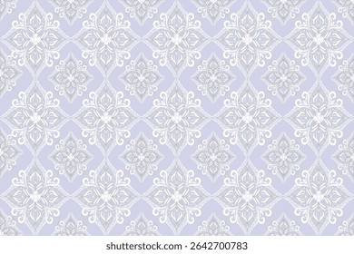 This fabric pattern features alternating floral and leaf motifs arranged in a diamond grid. The design blends ivory and violet elements on a deep gray background, giving a rich and elegant look.