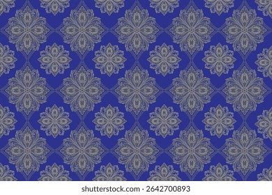 This fabric pattern features alternating floral and leaf motifs arranged in a diamond grid. The design blends ivory and violet elements on a deep blue background, giving a rich and elegant look.