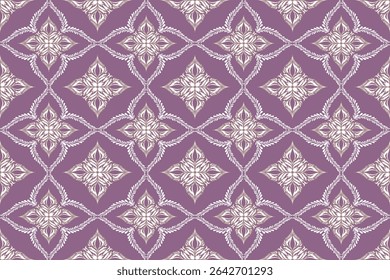 This fabric pattern features alternating floral and leaf motifs arranged in a diamond grid. The design blends ivory and violet elements on a deep  purple background, giving a rich and elegant look.