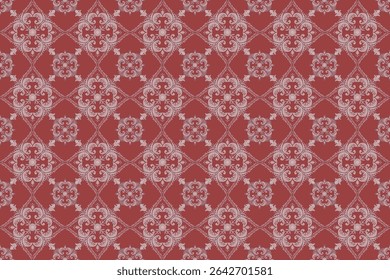 This fabric pattern features alternating floral and leaf motifs arranged in a diamond grid. The design blends ivory and violet elements on a deep red background, giving a rich and elegant look.