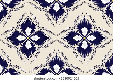 This fabric pattern features a bold and symmetrical floral design with a dark navy blue color that stands out against a crisp white background. The primary motif is a large, stylized flower