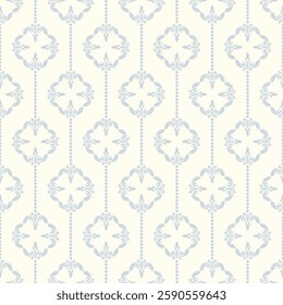 This fabric pattern features a light beige background, light blue accents and intricately symmetrical floral patterns, perfect for adding elegance to wallpaper, fabric or other decor.