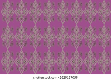 this fabric pattern features symmetrical floral motifs intricate geometric designs in white and pink.