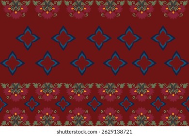 this fabric pattern features symmetrical floral motifs intricate geometric designs in red and blue.