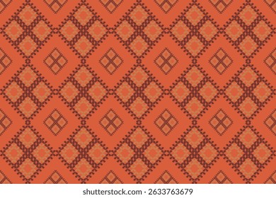 Este patrón de tela presenta motivos geométricos tradicionales en tonos y tonos naranjas, dispuestos en rayas Horizontales para un estilo étnico audaz.