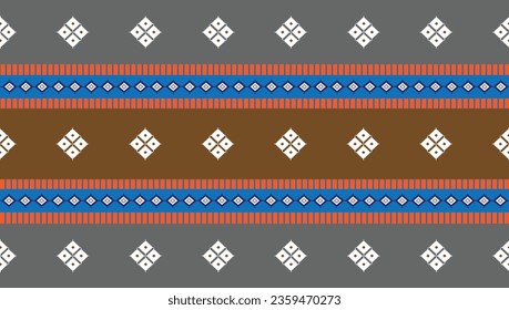 This fabric pattern is made of geometric shapes. It consists of squares arranged in a striped pattern. The background is an orange-gray color.
