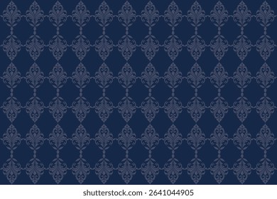 This fabric showcases a dark blue diamond grid with intricate Thai-style floral motifs, creating a rich and traditional decorative pattern.