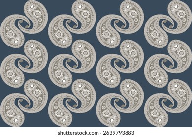 This fabric showcases a repeating paisley pattern  with intricate floral details in soft tones, set against a dark background for a rice, traditional look.