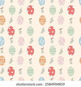 This fabric vector pattern showcases a vibrant arrangement of decorated Easter eggs and floral motifs against a soft, light background, ideal for festive projects.