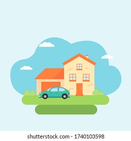 Esta es una fachada de la casa con garaje y auto. Ilustración vectorial.