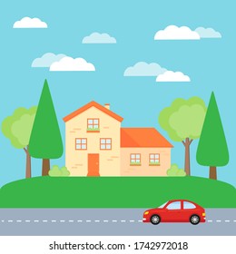 This is a facade of the house is with a garage and a car on the road.  Vector illustration.
