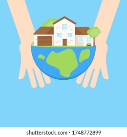 Esta es una fachada de la casa en el planeta en manos. Ilustración vectorial.
