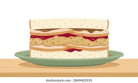 This factual flat design vector illustration depicts a multi-layered sandwich filled with sliced turkey, red cranberry sauce, and savory herbed stuffing. The sandwich is constructed using two slices of white bread and is presented on a simple green ceramic plate. The plate sits atop a light-colored wooden table surface with a minimalist white background, emphasizing the colors and texture of the food components.
