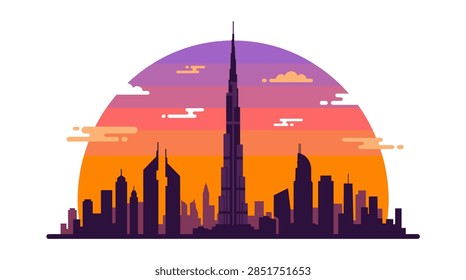 This factual flat design vector illustration depicts a metropolitan skyline silhouetted against a large stylized sun. The scene features a variety of skyscrapers, with a central, exceptionally tall tower as the focal point. The sky is composed of horizontal gradient bands of purple, pink, and orange, accented by minimalist cloud shapes, representing a dawn or dusk atmosphere.