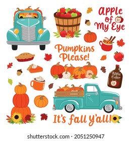 This fall pumpkins and apples harvest vector set is perfect for autumn crafts.