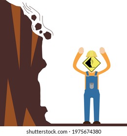 This is a falling rock warning sign illustration, this illustration can be used in mining, industry or any construction project site. vector illustration in flat style.
