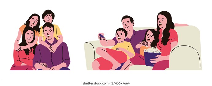 This family consists of father, mother, son and daughter, they spend time together to watch videos on streaming services. Popcorn is a snack of choice to accompany their togetherness.