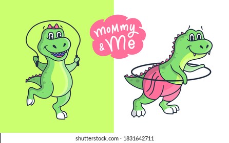 This is a family look vector illustrations. Cartoonish girl dinosaurs in the Sport style. Collection mommy and me is good for t-shirt designs, stickers, ads, etc. 