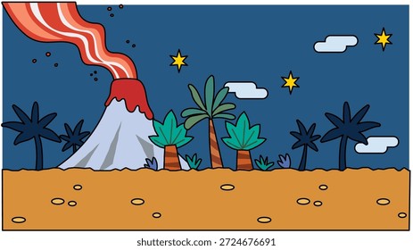 Esta é uma ilustração de fundo de fantasia representando uma noite tropical com vulcões e palmeiras.