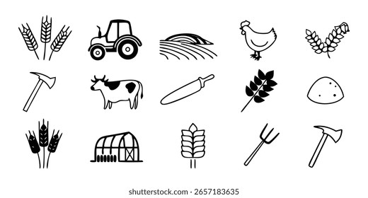 Este conjunto de iconos de granja incluye un tractor, vaca, pollo y más. El fondo transparente es ideal para capas y fácil integración en varios proyectos de diseño.