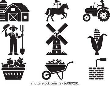 This farming icon set includes barn, horse, tractor, farmer, windmill, corn, basket, and wheelbarrow. Ideal for illustrating agricultural topics, rural life, and farm related themes. These farm symbols are excellent for presentations, educational materials, and rural landscape designs featuring harvest, livestock, and farm tools.