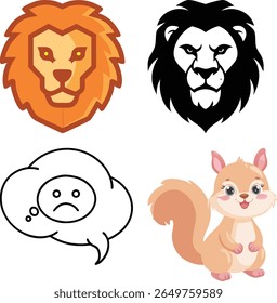 This features cartoon lions, a sad cloud, and a cute squirrel on a white background.