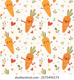 This features a cheerful pattern with various carrot illustrations and small decorative elements. The carrots are orange with smiling faces, and the overall design has a playful, whimsical aesthetic.