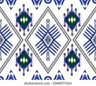 A This features geometric pattern with diamond shapes and intricate designs blue, green, and purple white background. symmetrical arrangement creates visually appealing and culturally inspired motif