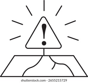 A this features simple line drawing of warning sign with exclamation mark inside triangle, placed on map. design suggests caution or alertness, possibly related to navigation or geographical hazards