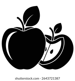 This features a stark apple beside its sliced counterpart, rendered in solid black. Each shows leaves, capturing their shapes in a sleek, minimalist style with transparent background.