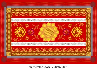 A This features vibrant, ornate carpet design with central golden floral motif surrounded by intricate red and gold patterns, symbolizing cultural richness and artistic craftsmanship