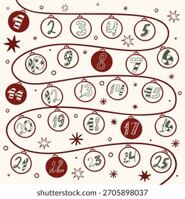 Esta ilustración festiva del calendario de Adviento presenta adornos de Navidades dibujados a mano dispuestos en un diseño divertido y sinuoso, cada uno numerado del 1 al 25. 