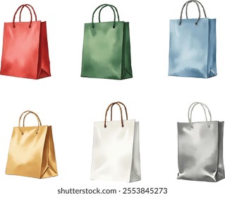 This festive artwork displays six unique shopping bags in vibrant colors, neatly arranged in two rows. The bags include red, green, blue, gold, white, and silver, perfect for holiday gifting.