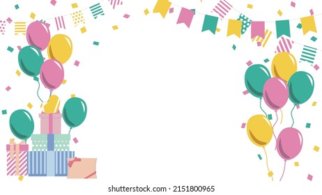 This is a festive background image illustration featuring colorful balloons and presents.